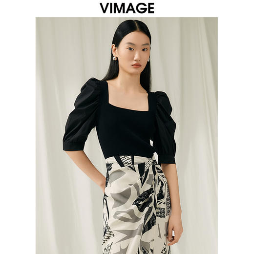 VIMAGE纬漫纪夏季新款时尚百搭方领泡泡袖针织衫V1901516 商品图2