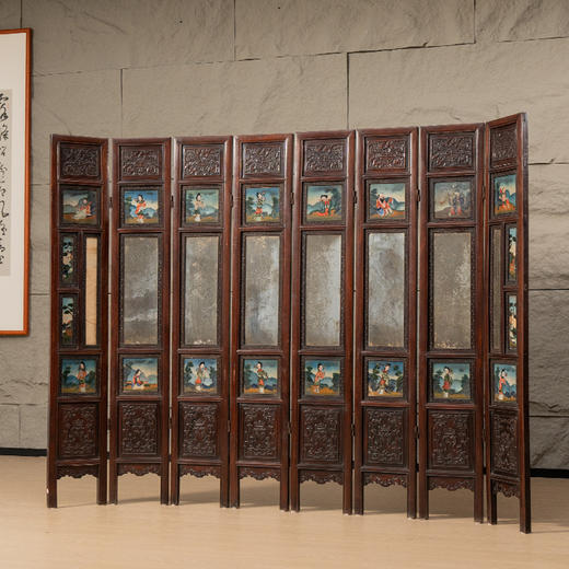 清早期 黄花梨镶玻璃画八仙人物四抹八扇围屏 商品图4