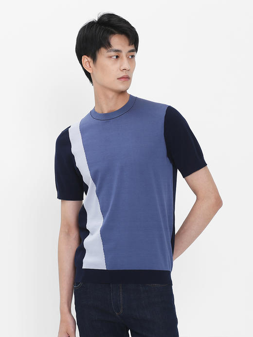 callisto蓝色撞色丝麻棉圆领T恤  SRTSS061C 商品图1