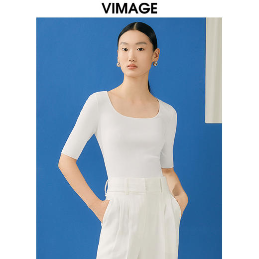 【转款下架】VIMAGE纬漫纪夏季新款u领修身显瘦短款上衣女针织衫V1901515 商品图0