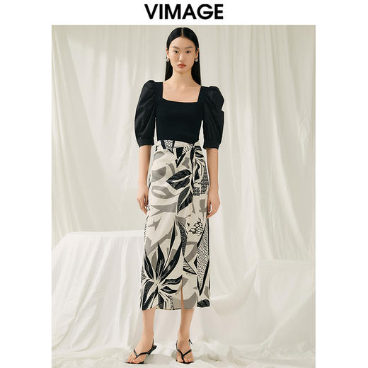 VIMAGE纬漫纪夏季新款时尚百搭方领泡泡袖针织衫V1901516 商品图1