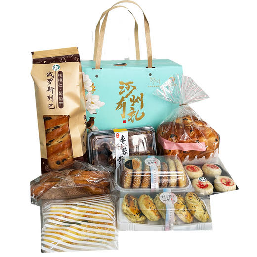吉祥斋开斋甜点礼盒二（8种）：椰子酥1盒300g+俄罗斯大列巴1个+红豆饼1盒200g+奶香烤片1袋190g+手撕面包1袋400g+桃酥1盒450g+月饼1盒6个350g+枣沙蛋糕1盒450g 商品图0