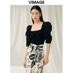 VIMAGE纬漫纪夏季新款时尚百搭方领泡泡袖针织衫V1901516