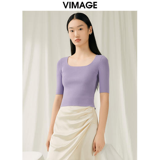 【转款下架】VIMAGE纬漫纪夏季新款u领修身显瘦短款上衣女针织衫V1901515 商品图8