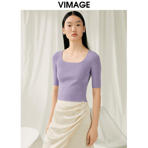 【转款下架】VIMAGE纬漫纪夏季新款u领修身显瘦短款上衣女针织衫V1901515 商品图1