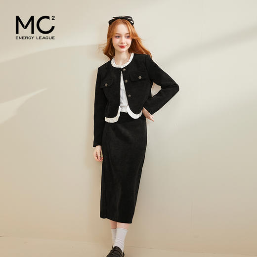 mc2小香风套装女2024春装新款圆领拼木耳边配直筒半裙气质两件套 商品图1