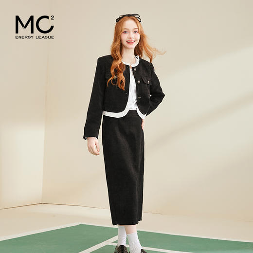 mc2小香风套装女2024春装新款圆领拼木耳边配直筒半裙气质两件套 商品图0