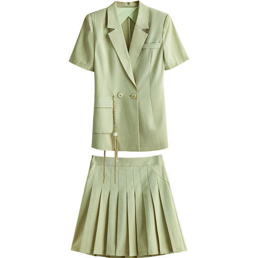 欧芮儿绿色时尚套装女2022夏新款西装外套洋气减龄压褶短裙两件套 商品图3