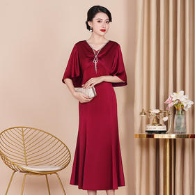 醋酸旗袍酒红色婚宴中长款显瘦大码连衣裙WXG-8819