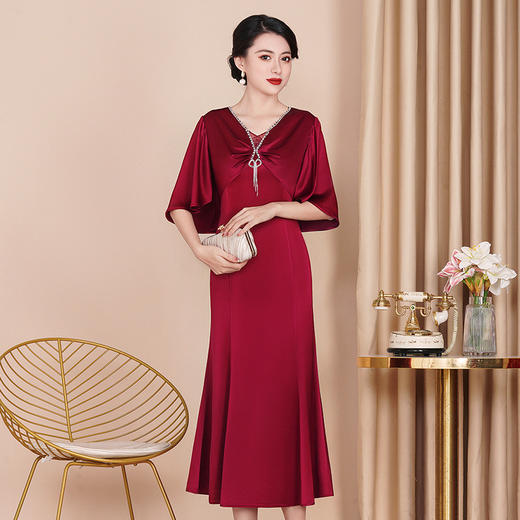 醋酸旗袍酒红色婚宴中长款显瘦大码连衣裙WXG-8819 商品图0