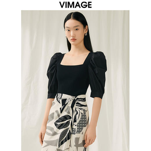 VIMAGE纬漫纪夏季新款时尚百搭方领泡泡袖针织衫V1901516 商品图3
