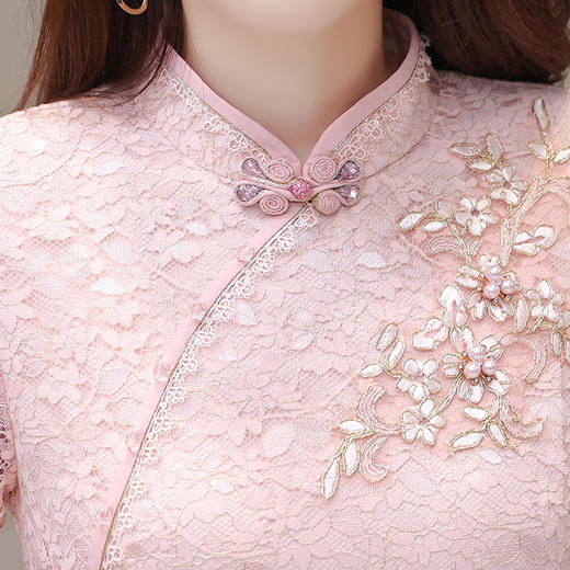 QYMLRX-LZC2320-Y旗袍连衣裙2023年夏季新款蕾丝裙中长款包臀裙纱网短袖A字裙 商品图3