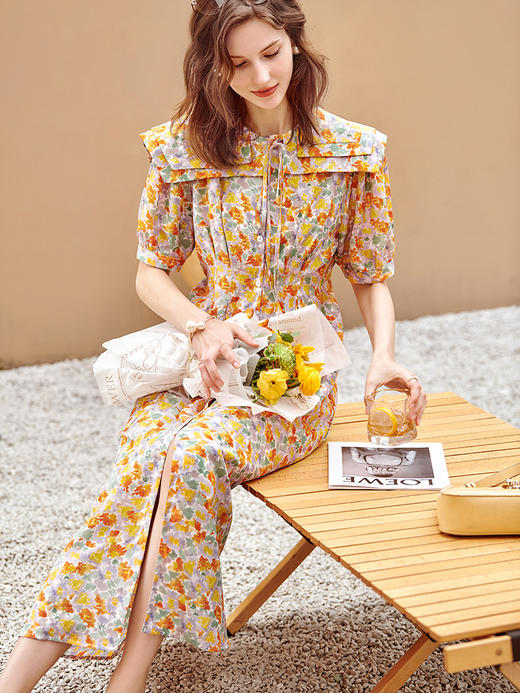 【S码专享】OLrain法式高级穿搭碎花雪纺连衣裙女夏季2022新款海军领复古长裙 商品图1