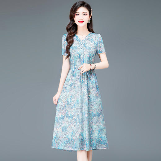 时尚木耳边，V领高腰中长款打底A字裙印花连衣裙QYM-TYH-23B854-Y 商品图5