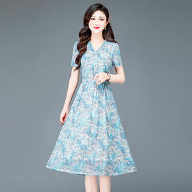 时尚木耳边，V领高腰中长款打底A字裙印花连衣裙QYM-TYH-23B854-Y