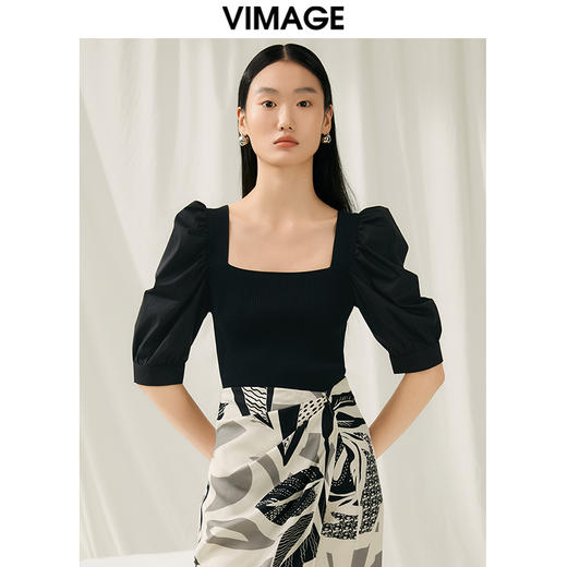 VIMAGE纬漫纪夏季新款时尚百搭方领泡泡袖针织衫V1901516 商品图5
