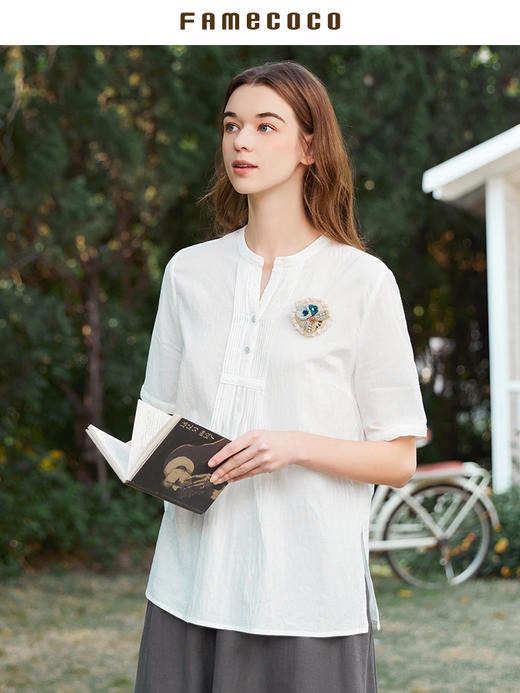 famecoco范可儿立领套头白衬衣女春夏季新款短袖下摆开叉上衣FAB3BD008 商品图1
