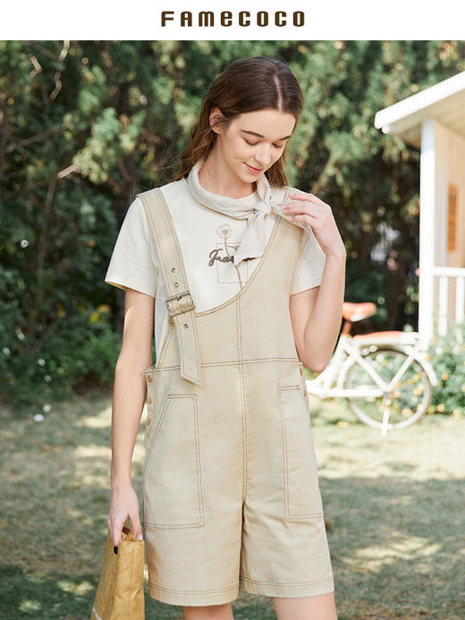 Famecoco范可儿不对称背带裤女夏季新款设计感休闲五分阔脚裤FAB3GF003 商品图2