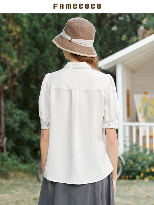 Famecoco范可儿白色衬衫女夏季泡泡袖上衣时尚洋气时髦FAB3BH002 商品图3