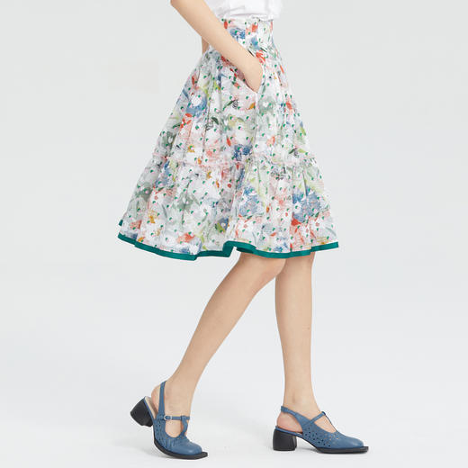 谜底纯棉半身裙女2023夏新款复古文艺碎花百褶A型中长裙235MB6018 商品图1