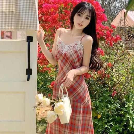 【新款2023夏季法式复古】超甜美吊带连衣裙女 蕾丝花边格子中长裙气质裙子潮 商品图2