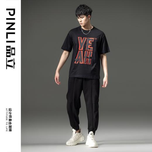 PINLI品立夏季新款男士印花拼接织带圆领短袖T恤BG231111063 商品图1