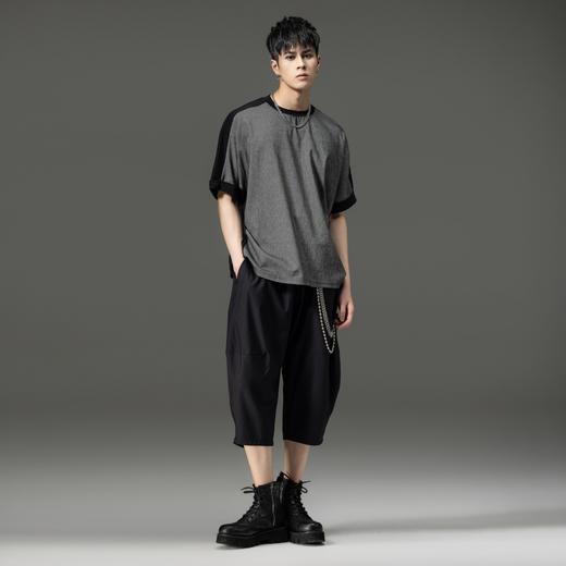 PINLI品立夏季新款宽松T恤拼接蝙蝠袖休闲男上衣拼料条纹体恤B232111039 商品图2