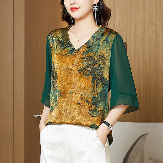 KQL 422H2182仿真丝上衣洋气中老年T恤休闲小衫 商品图0