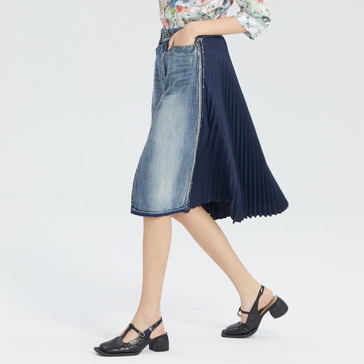 谜底半身裙2023夏季新款高腰百搭牛仔拼接雪纺中长裙女235MB6014 商品图1