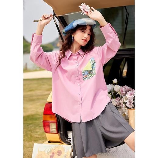 两三事心向莫奈 夏季新款文艺风油画印花口袋长袖衬衫女宽松 商品图2