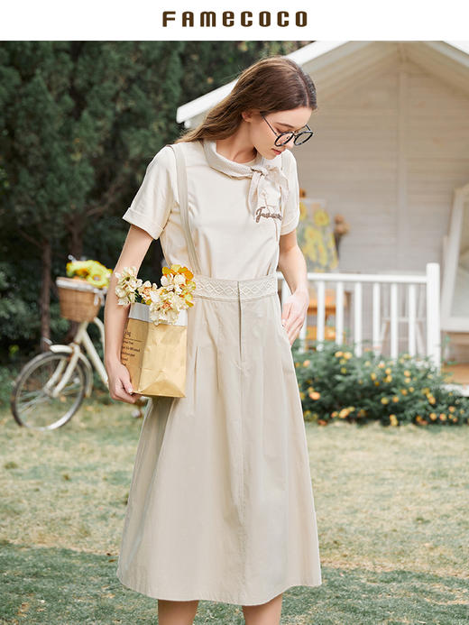 Famecoco范可儿纯棉背带半裙女春夏季腰部拼接蕾丝半身裙FAB3FE003 商品图1