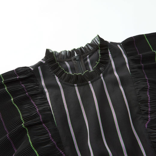 谜底2023夏季新款优雅时髦竖条纹荷叶袖收腰连衣裙长裙235ML6041 商品图3