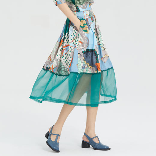 谜底花色半身裙2023夏季复古优雅拼接欧根纱中长百褶裙235MB6017 商品图1