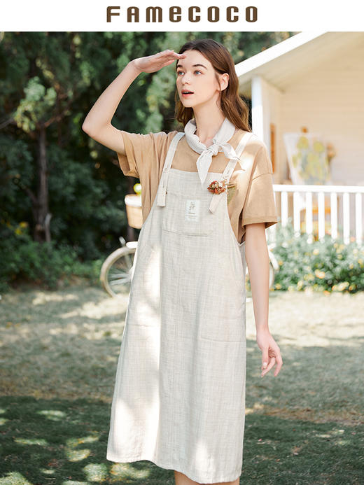 Famecoco范可儿宽松背带裙女森系夏季棉麻方领文艺连衣裙FAB3FE006 商品图1