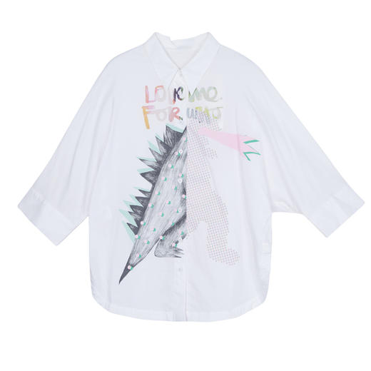 谜底衬衣女2023夏款宽松舒适恐龙印花七分袖大廓形衬衫235MC6028 商品图4