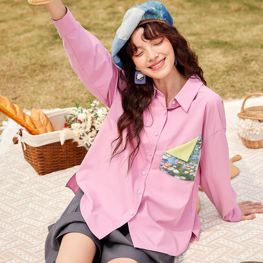 两三事心向莫奈 夏季新款文艺风油画印花口袋长袖衬衫女宽松 商品图4