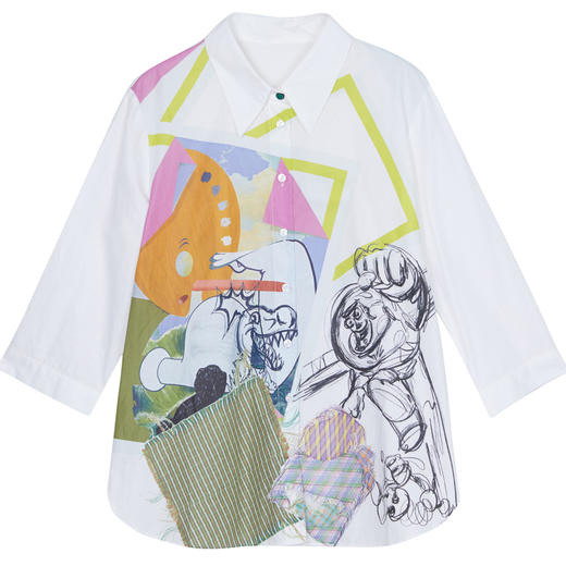 谜底棉麻衬衫女2023夏季新款简约趣味印花宽松7分袖上衣235MC6001 商品图4