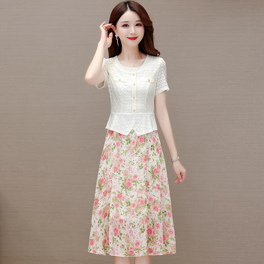 时尚修身，蕾丝拼结印花中长款高腰裙假两件连衣裙QYM-KED-63050-Y 商品图1