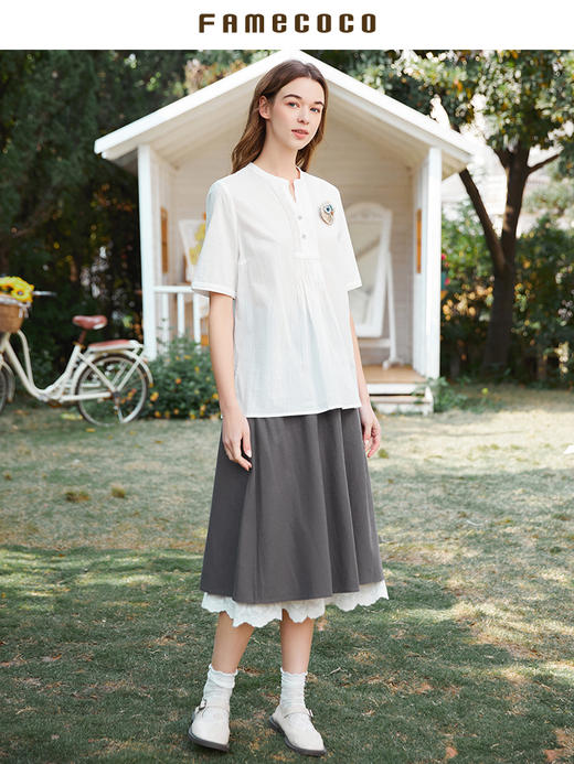 famecoco范可儿立领套头白衬衣女春夏季新款短袖下摆开叉上衣FAB3BD008 商品图4