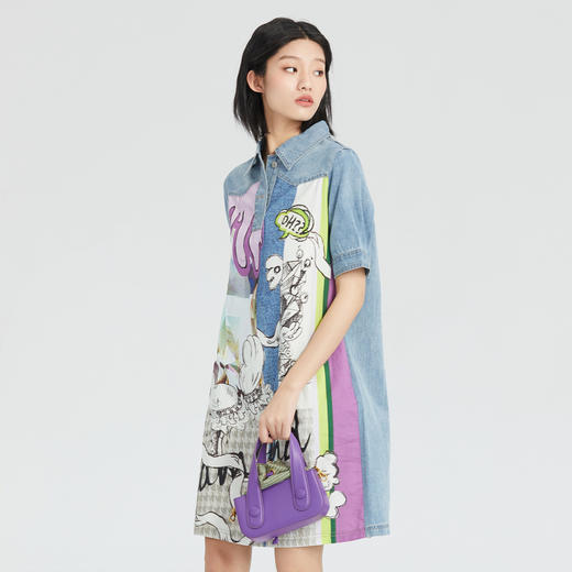 谜底连衣裙短袖2023年夏季新款卡通感印花H型拼接牛仔女236ML6087 商品图2