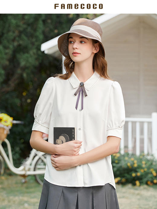 Famecoco范可儿白色衬衫女夏季泡泡袖上衣时尚洋气时髦FAB3BH002 商品图1