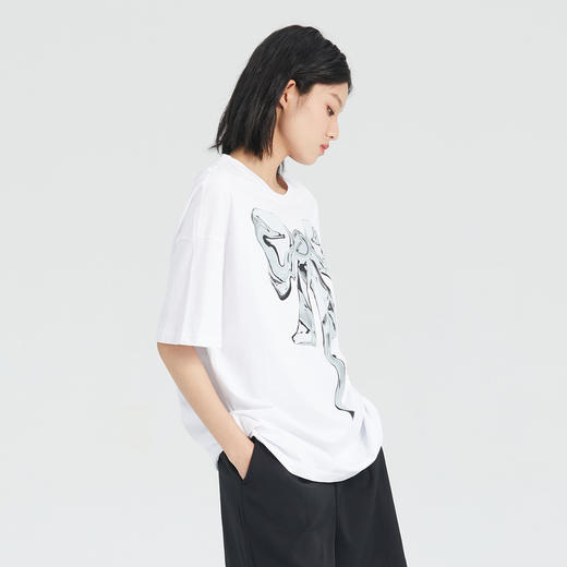 谜底短袖T恤女2023夏新款宽松蝴蝶结印花中长款圆领上衣236MT7074 商品图1