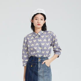 谜底花色衬衫女士2023夏季新款复古印花宽松衬衣七分袖236MC7081