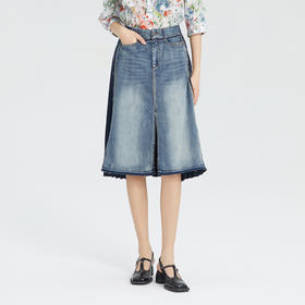 谜底半身裙2023夏季新款高腰百搭牛仔拼接雪纺中长裙女235MB6014