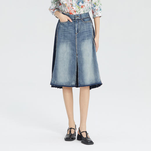 谜底半身裙2023夏季新款高腰百搭牛仔拼接雪纺中长裙女235MB6014 商品图0