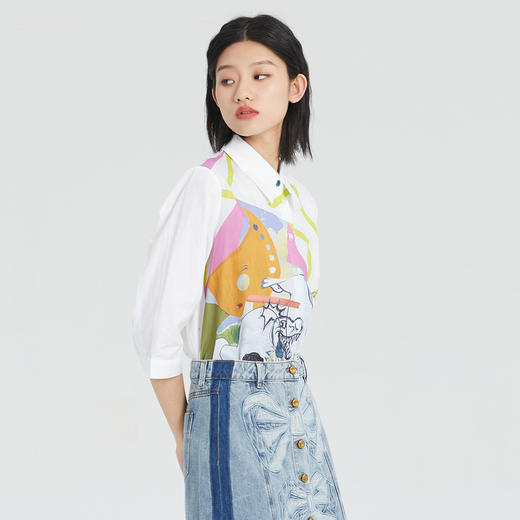 谜底棉麻衬衫女2023夏季新款简约趣味印花宽松7分袖上衣235MC6001 商品图1