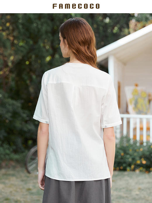 famecoco范可儿立领套头白衬衣女春夏季新款短袖下摆开叉上衣FAB3BD008 商品图3