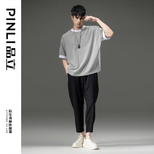 PINLI品立夏季新款宽松T恤拼接蝙蝠袖休闲男上衣拼料条纹体恤B232111039 商品图0