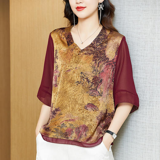 KQL 422H2182仿真丝上衣洋气中老年T恤休闲小衫 商品图1