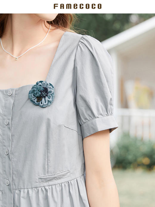 Famecoco范可儿方领泡泡袖连衣裙夏款法式高腰气质中长裙FAB3FA031 商品图4